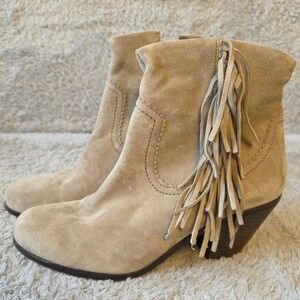 Sam Edelman Women's Sz 10 Beige Suede Leather Fringe Western Ankle Boots Booties